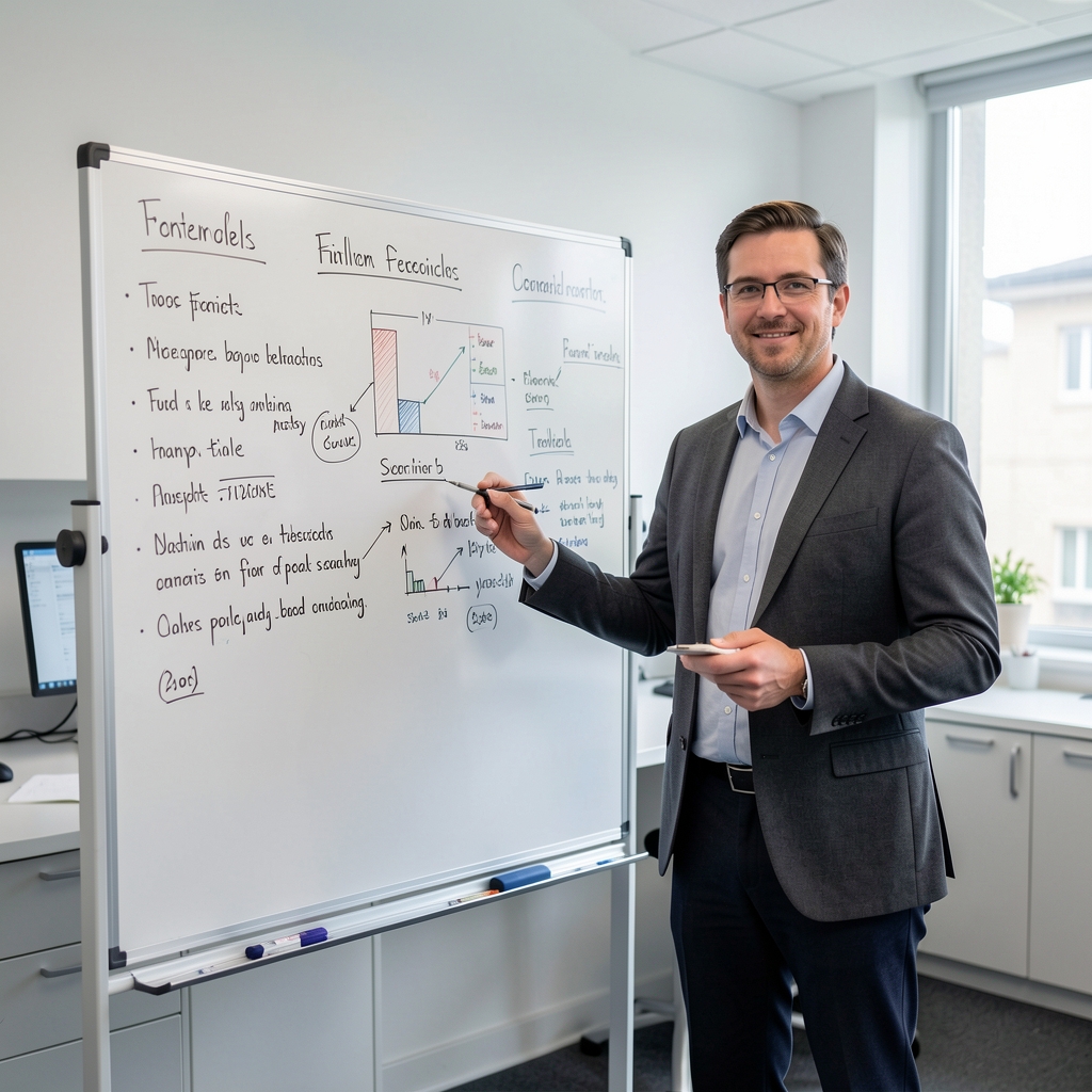 Tobias Ashcroft, food behaviour researcher, standing beside a whiteboard covered in research notes in a clean workspace with controlled lighting