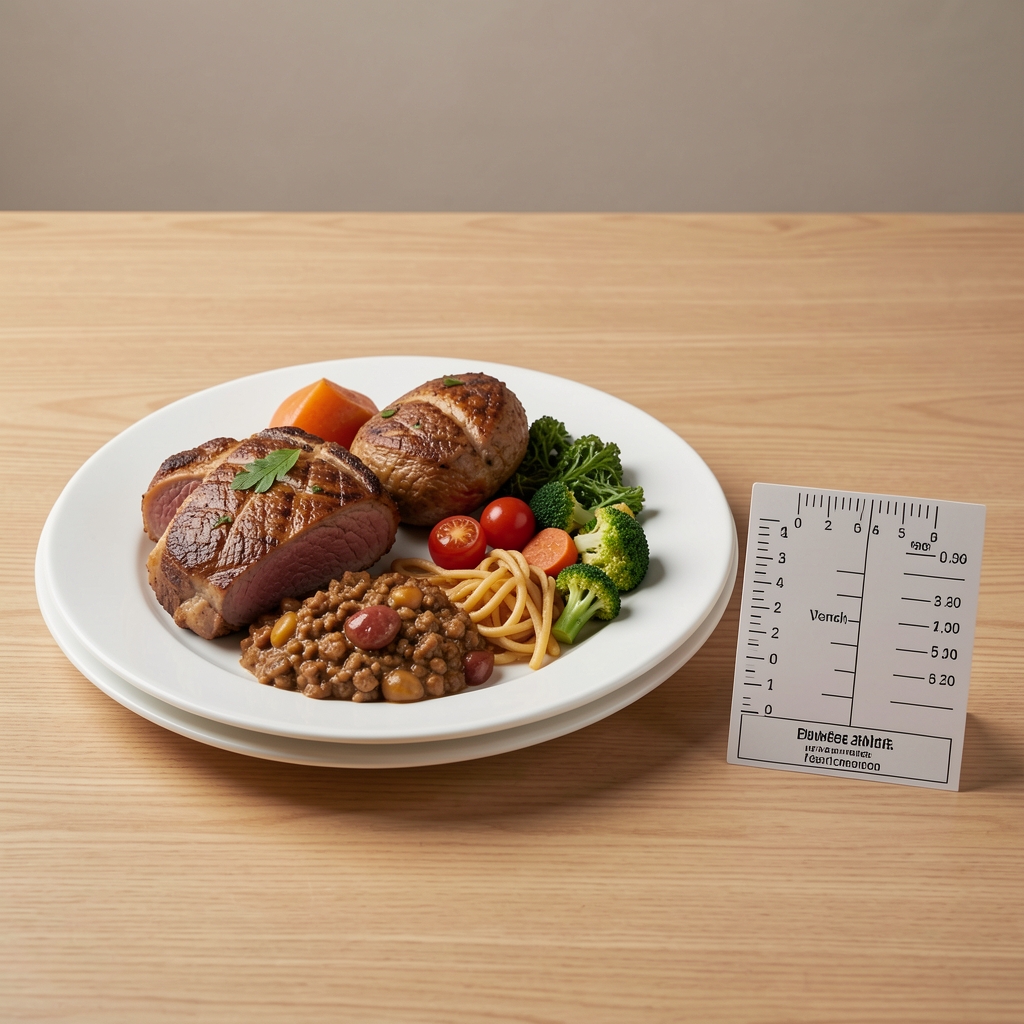 A white dinner plate with oversized food portions next to a measuring reference card on a plain wooden table under studio lighting, representing portion distortion and eating speed awareness