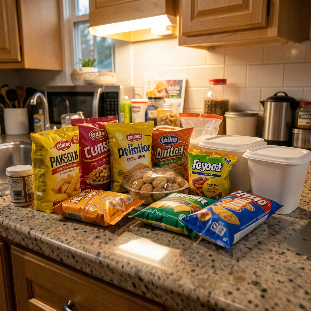 Close-up of a cluttered kitchen counter with processed packaged foods, convenience snack wrappers, and takeaway containers under warm artificial lighting, illustrating convenience food patterns